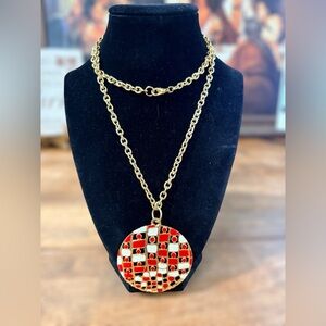 Gold Chain Women’s Necklace with Red and White Mosaic Style Pendant